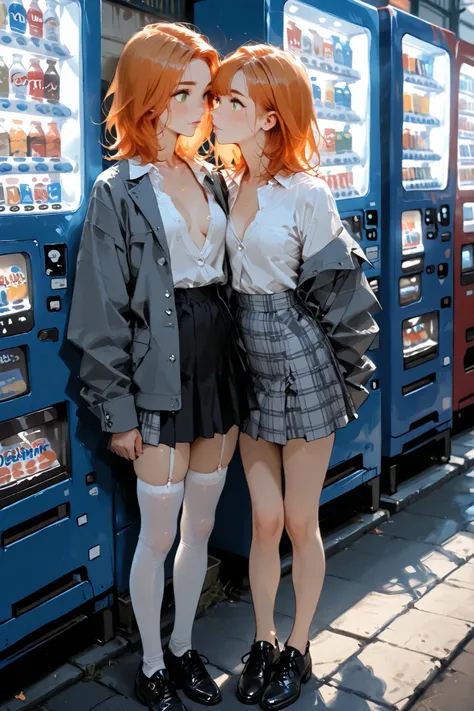 1 girl: orange hair, medium hair,  two-tailed, green eyes, medium chest, the white shirt is slightly unbuttoned, neckline, Dark gray jacket, gray checkered micro-skirt, Black uniform shoes, white thigh length stockings. stands outside near the vending mach...