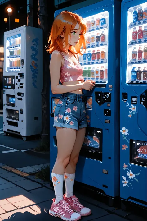 1 girl: orange hair, medium hair,  two-tailed, green eyes, medium chest, pink crop top with floral print, neckline, short tight blue denim shorts,  pink sneakers , white knee socks. stands outside near the vending machine and choosing what to buy. city str...