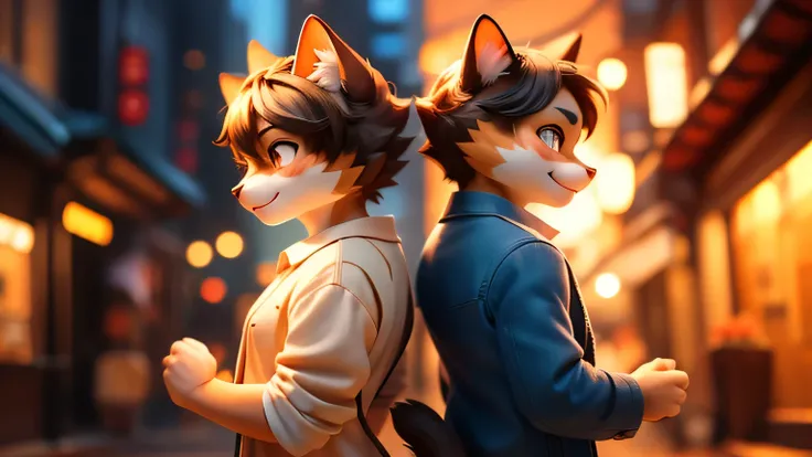 in the city、(back to back:1.5)、We passed each other、cute cat and handsome dog、profile、side shot