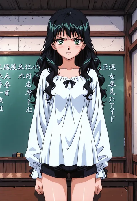 Mathieu Piece, Highest Quality, [Illustration], super detailed, fine-grained, high definition, 8K Wallpaper, perfect dynamic configuration, beautiful detailed eyes , 1990s (style), 1980 (style), retro art style, girls, long black hair, green eyes, grumpy f...