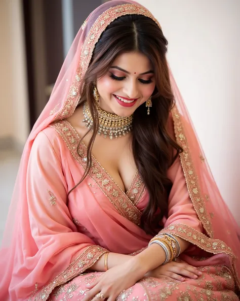 , Full body image of a 20-year-old Indian girl with smiling look, fair skin tone, light grey eyes, fox eyelashes, thin eyebrows, black eye liner, silver eyeshadow, natural blush, and red lipstick. Her hairs are long, brown, wavy and stylish. She is wearing...