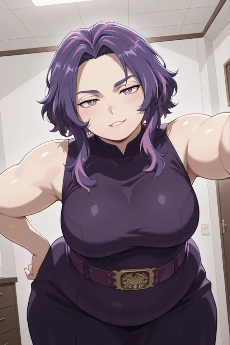 obese,fat,plump,WeightObese,Lady Nagant,kabedon on viewer,Lady Nagant,shiny skin,looking at viewer,seductive smile,open mouth,teeth,biting lip,adult, milf,mature looking woman,blushing,source_anime, hires image, masterpiece, best quality,  newest, masterpi...