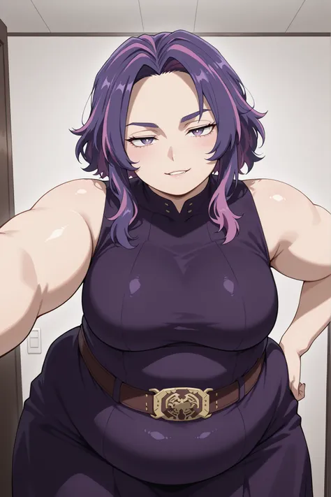 bloated belly,obese,fat,plump,WeightObese,Lady Nagant,kabedon on viewer,Lady Nagant,shiny skin,looking at viewer,seductive smile,open mouth,teeth,biting lip,adult, milf,mature looking woman,blushing,source_anime, hires image, masterpiece, best quality,  ne...