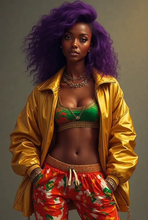 A picture of a beautiful black girl in 20s wearing a short crop top having Sudan flag ,she has purple hair and she is putting on a golden guchi jacket. And Long sweatpants.