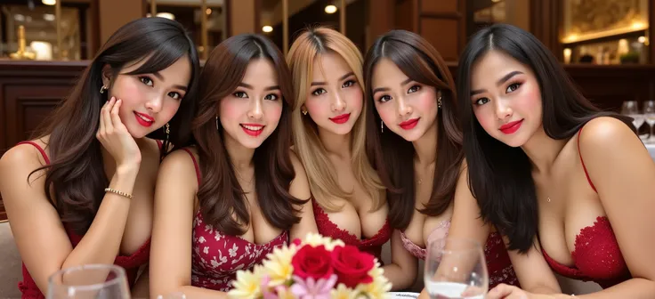 Close-up digital painting art of 5 beautiful woman face taking selfie and sitting together on the restaurant for dinner. All happy vibes and harmonic on this one table. Hyperrealistic , ultra HD , sharp and focus , EXTREME detail , AUTO CORRECT DETAIL FIN...