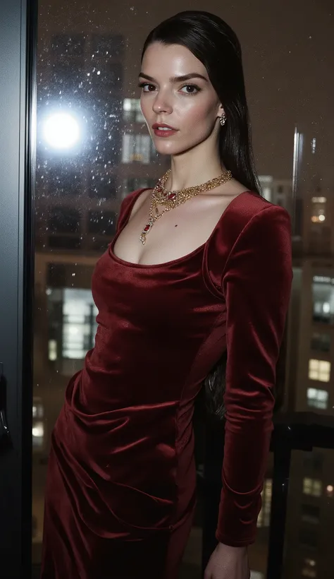 Close up Anya Taylor-Joy wears dark red velvet dress, long and long-sleeved, with gold and ruby necklaces. She stares steadily at the camera
It is on a skyscraper terrace in light rain, with rays and clouds in the background reflecting on the glass.
The wa...