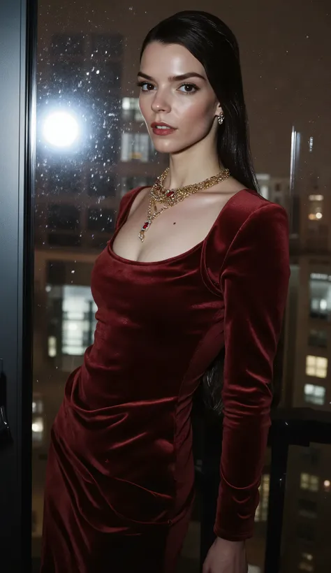 Close up Anya Taylor-Joy wears dark red velvet dress, long and long-sleeved, with gold and ruby necklaces. She stares steadily at the camera
It is on a skyscraper terrace in light rain, with rays and clouds in the background reflecting on the glass.
The wa...