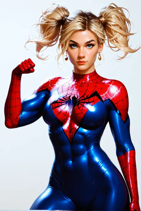 
a woman in a spider - (cameron diaz:1.2) as spiderman, spider woman, 17 years old, ( ( spiderwoman ) ), long blonde pigtails, super hero pose, awesome pose, wearing tight suit, spiderman, spiderman!!, posing like a superhero, spider - man