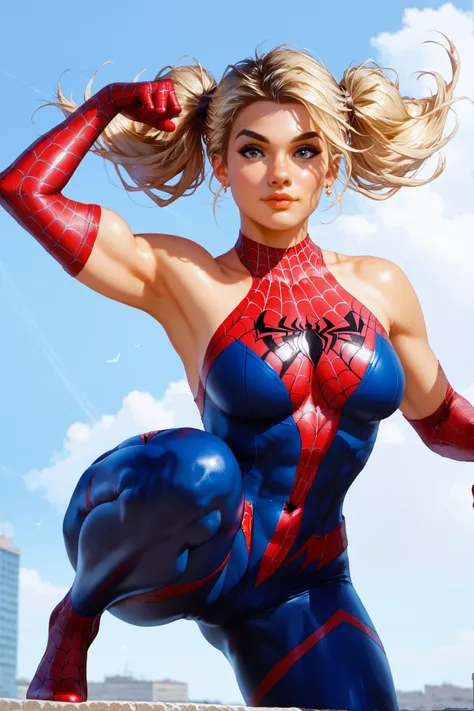 
a woman in a spider - (cameron diaz:1.2) as spiderman, spider woman, 17 years old, ( ( spiderwoman ) ), long blonde pigtails, super hero pose, awesome pose, wearing tight suit, spiderman, spiderman!!, posing like a superhero, spider - man