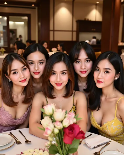 Close-up digital painting art of 5 beautiful woman face taking selfie and sitting together on the restaurant for dinner. All happy vibes and harmonic on this one table. Hyperrealistic , ultra HD , sharp and focus , EXTREME detail , AUTO CORRECT DETAIL FIN...