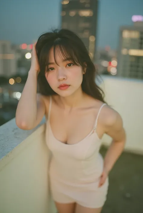 Japanese woman (26) :: Dress the model in a fitted, short, sleek dress with a deep neckline. Pose her standing at the edge of a rooftop, one leg slightly crossed in front of the other, torso angled toward camera. Have one hand resting on her hip and the ot...