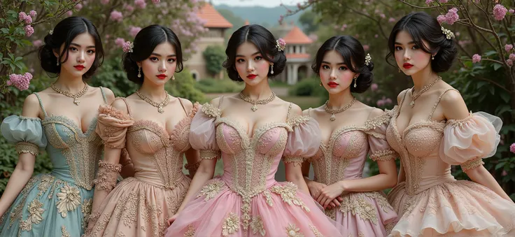 5 Madame of the French court,Rococo fluffy skirt,(Extremely Delicately Beautiful:1.2),8K,(tmasterpiece:1.0),(Best_quality:1.0),5girl,Mature woman,Complicated details,enlarged textures,Complicated details,Fine eyes and detailed face,Complicated details,(Kee...
