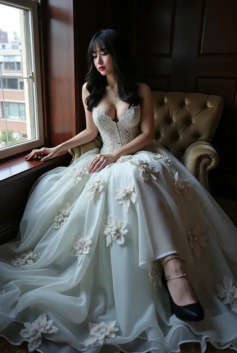 From bottom angled photoshot of a dark-haired white girl wearing a white wedding dress with ornate on her head,full chest,perfect hands , auto correct detail fingers , shiny black lace stockings,sitting on the sofa by the window。In the picture, you can see...
