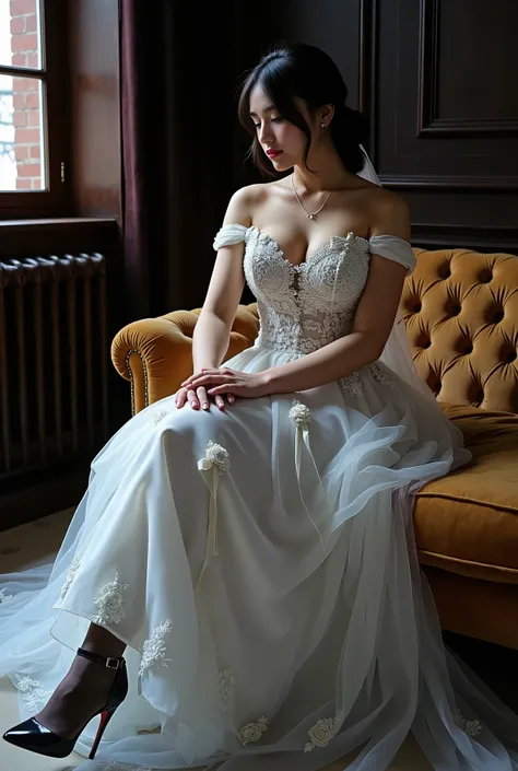 From bottom angled photoshot of a dark-haired white girl wearing a white wedding dress with ornate on her head,full chest,perfect hands , auto correct detail fingers , shiny black lace stockings,sitting on the sofa by the window。In the picture, you can see...