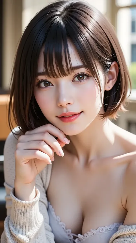 A realistic, eye-level medium shot of an attractive Japanese woman in her 30s with sophisticated short black hair. She has natural makeup and is looking directly at the viewer with a calm, mature expression. She is sitting in a stylish, softly lit cafe. Sh...