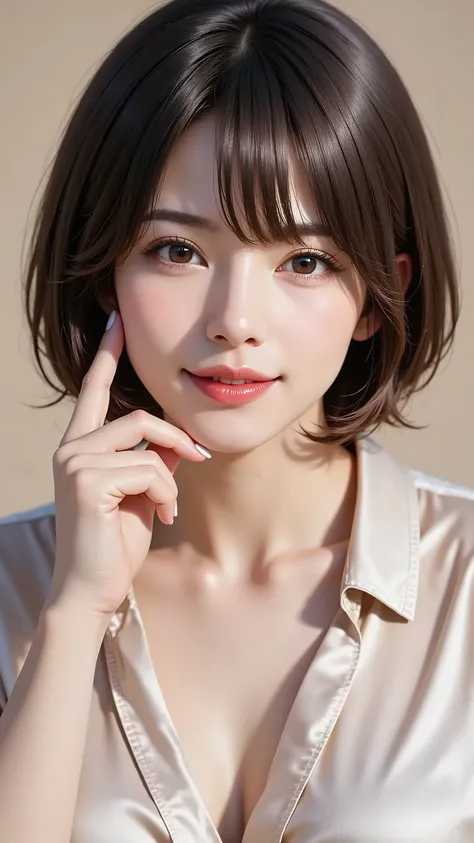 A realistic, eye-level, waist-up portrait of a beautiful woman in her 30s with short black hair and natural makeup. She looks directly at the camera with a gentle, sophisticated smile. She delicately raises one hand, fingers gracefully spread to showcase h...