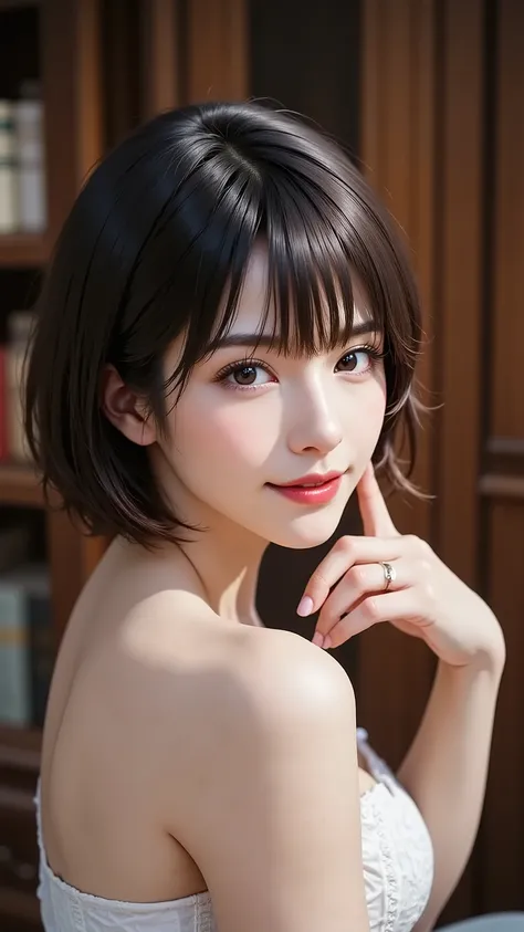 Photorealistic, eye-level medium shot. An attractive 30s woman with short black hair and natural makeup, looking at the viewer with a captivating, mature gaze. The background is a dim, atmospheric room like a lounge or library. She holds one hand up near h...