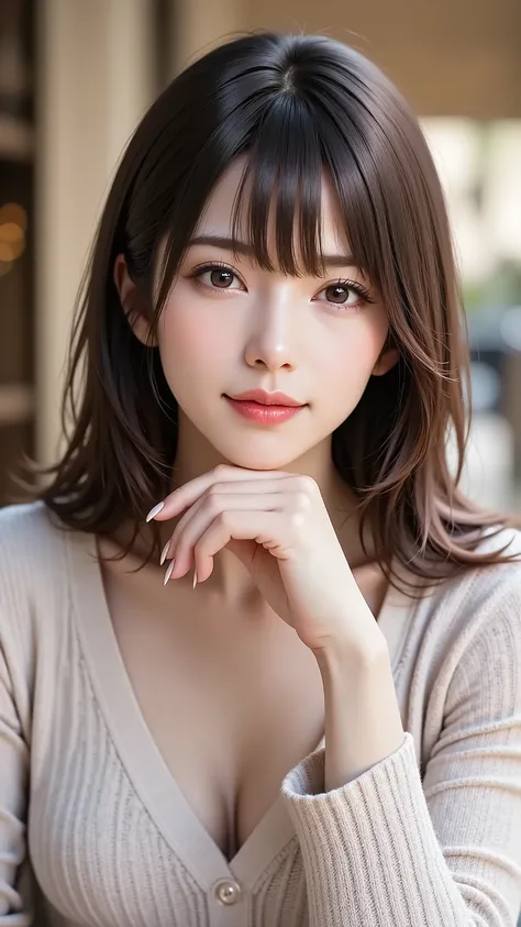A realistic, eye-level medium shot of an attractive Japanese woman in her 30s with sophisticated long black hair. She has clear makeup and is looking directly at the viewer with a calm, mature expression. She is sitting in a stylish, softly lit cafe. She m...