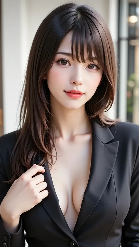 A realistic, waist-up portrait of a sophisticated woman in her 30s. She has long black hair, clear makeup, and a mature, confident look, gazing at the camera. She is in a modern, minimalist office interior. She holds one hand up in an elegant pose, perhaps...