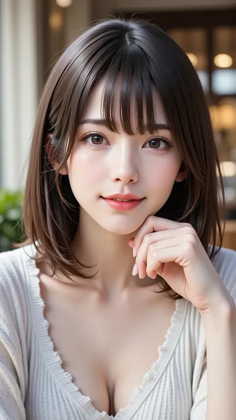 A realistic, eye-level medium shot of an attractive Japanese woman in her 30s with sophisticated straight black hair. She has clear makeup and is looking directly at the viewer with a calm, mature expression. She is sitting in a stylish, softly lit cafe. S...