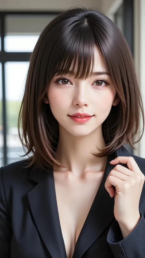 A realistic, waist-up portrait of a sophisticated woman in her 30s. She has straight black hair, clear makeup, and a mature, confident look, gazing at the camera. She is in a modern, minimalist office interior. She holds one hand up in an elegant pose, per...