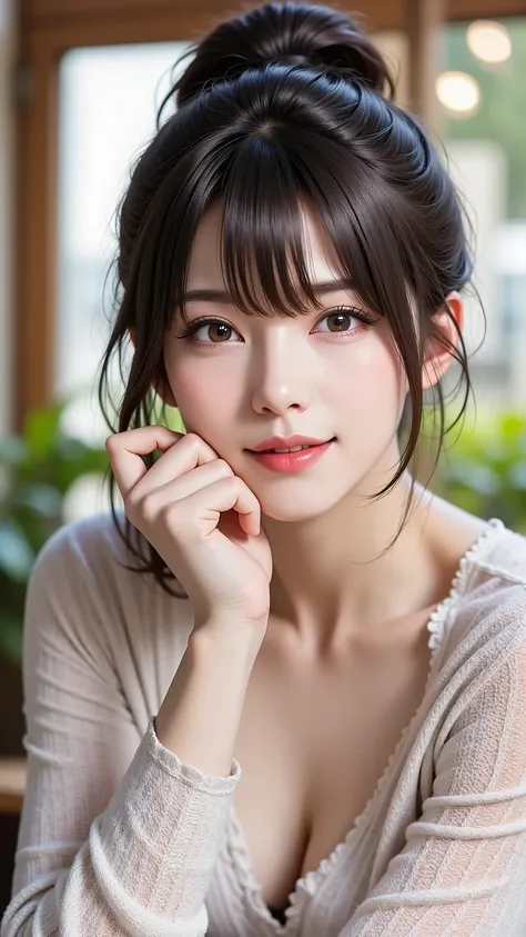 A realistic, eye-level medium shot of an attractive Japanese woman in her 30s with sophisticated high ponytail black hair. She has clear makeup and is looking directly at the viewer with a calm, mature expression. She is sitting in a stylish, softly lit ca...