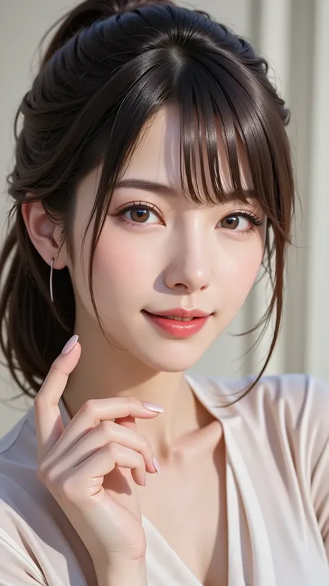 A realistic, eye-level, waist-up portrait of a beautiful woman in her 30s with high ponytail black hair and clear makeup. She looks directly at the camera with a gentle, sophisticated smile. She delicately raises one hand, fingers gracefully spread to show...