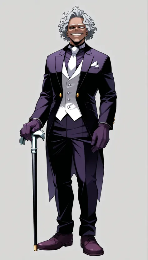 ((Highest Quality)), ((Simple Light Grey Background)), (My Hero Academia style), Standing, (1male), (Male), mature male, mature man, old man, solo, slender body, standing, holding black gentleman cane, Full Body, short hair, wavy hair, curly hair, white tu...