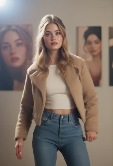 photo of a woman, (sympathetic facial expression), ultra textured skin, goosebumps, blonde hair, face looks straight at the camera, full face,  half raised , half down,  fur-lined jacket with skinny jeans and beans ,  group profile , towering ancient redwo...