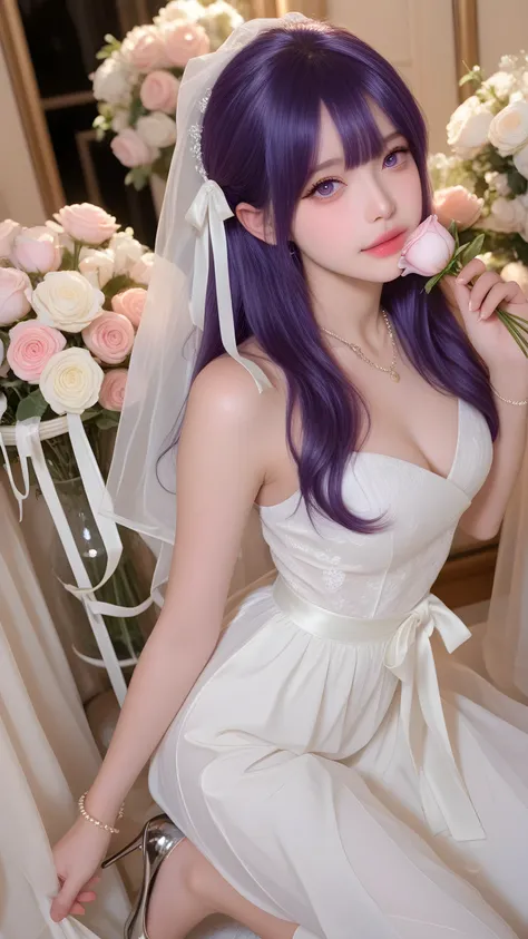  A beautifully detailed 、High quality、Very high resolution、 Clear subject 、Excellent depth of field、Dynamic light、A masterpiece with a vivid shooting angle。A girl with purple hair，Holding flowers，wears a long white wedding dress，Bow waist，Wear a white ribb...