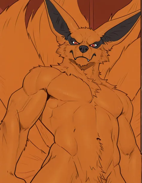 Kur4m4, fox, orange fur, red eyes, male, solo, cel shaded, flat color, muscular, half body, looking at viewer, t4r4nf1dd13r, strong stance, stern face, nine tails, big ears, low-angle shot, from below