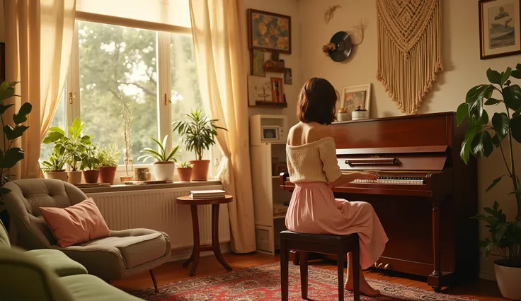 Intimate boho apartment living‑room jam, macramé wall hangings, vinyl records strewn around, female pianist at upright piano, bare feet on patterned rug — cream knit off‑shoulder sweater, pastel pink satin midi‑skirt, tousled half‑up hair, minimal makeup —...