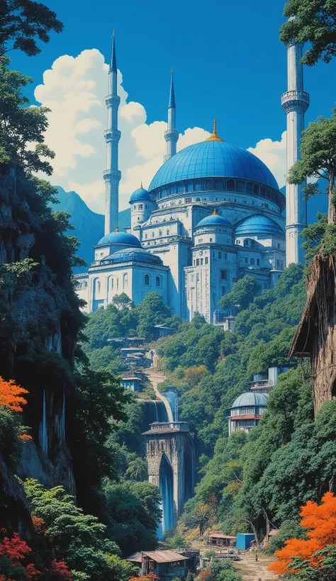 A huge colossal-size majestic blue mosque in a Malaysia village surrounded by lush dense greeny jungle, 1980s retro sci - fi art,
in style by Josan Gonzales, by Peter Elson, in peter elson color scheme, roger dean art, in style by tim white art. Comic book...