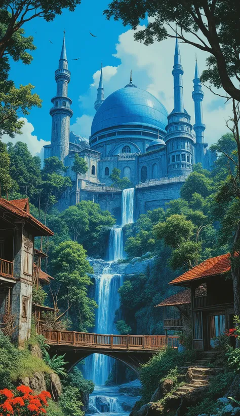 A huge colossal-size majestic blue mosque in a Malaysia village surrounded by lush dense greeny jungle, 1980s retro sci - fi art,
in style by Josan Gonzales, by Peter Elson, in peter elson color scheme, roger dean art, in style by tim white art. Comic book...