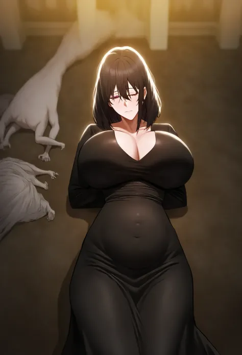 1girl, alone, huge boobs, mansion, Holway, inside, (Blurry Background:1.1), cowboy shot, viewer, Ariella Raven , black hair, purple eyes, (spots under eyes:0.8), (Dot on the chest:0.8), Medium hair, Hair between eyes, mature woman, black dress, Cleavage, c...