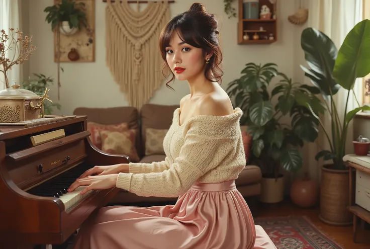 Intimate boho apartment living‑room jam, macramé wall hangings, vinyl records strewn around, female pianist at upright piano, bare feet on patterned rug — cream knit off‑shoulder sweater, pastel pink satin midi‑skirt, tousled half‑up hair, minimal makeup ,...