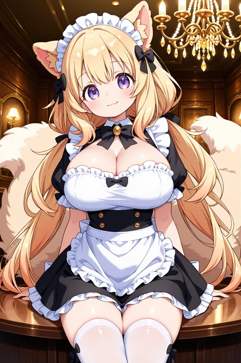 Charming Dog Eared Maid、Fluffy ear hair、bright smiles、Sexy Maid Outfit、big breasts、thin waist、Luxurious Western Style Living、Crystal Chandelier、Twilight Light、Professional Photography