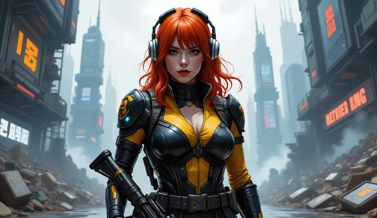 She stands tall from the waist up in the center of the stage, an imposing, beautiful woman, a radiant beacon of movement. Her red waves capture the light like chrome fire, each strand pulsating to the rhythm of L.I.F.E.

Her attire is a cyberpunk masterpie...