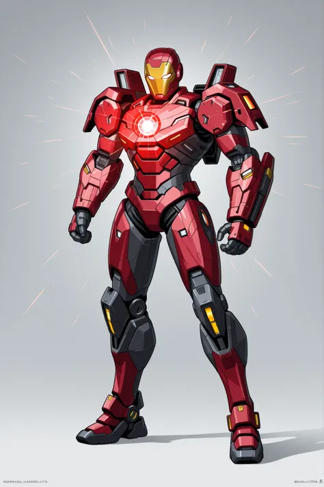 Ironman wearing a white arsenal sleek design portable armour, lightweight tactical plating, glowing blue energy lines, red accents on the armour, glowing triangular reactor on chest, angular red helmet, 2D cartoon style, cinematic depth, white background, ...