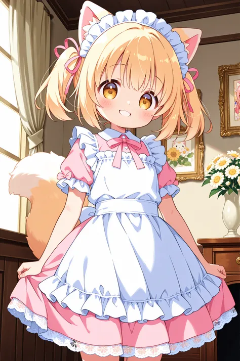 Kemo Mimi Maid Girl、Fluffy Cat Ears、happy smile、Ruffled Maid Outfit、Pink ribbon、Western-style interior、afternoon sunshine、Elegant posture、Delicate Lace、8K Photo