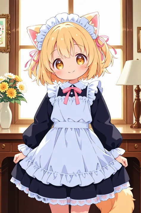 Kemo Mimi Maid Girl、Fluffy Cat Ears、happy smile、Ruffled Maid Outfit、Pink ribbon、Western-style interior、afternoon sunshine、Elegant posture、Delicate Lace、8K Photo