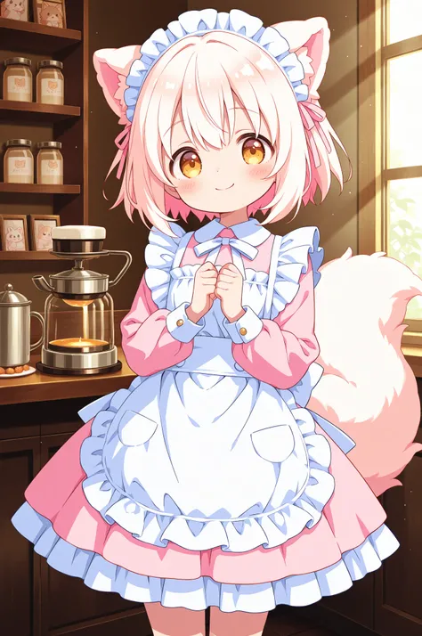Cute Chemo Mimi Maid、Fluffy Animal Ears、has a gentle smile、maid clothes on the side、fluffy skirt、pastel color、cafe interior、warm atmosphere、soft light、High Quality Pictures