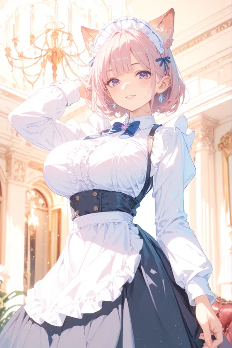 Charming Dog Eared Maid、Fluffy ear hair、bright smiles、Sexy Maid Outfit、big breasts、thin waist、Luxurious Western Style Living、Crystal Chandelier、Twilight Light、Professional Photography
