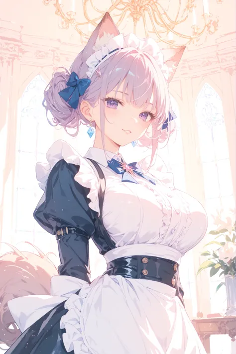 Charming Dog Eared Maid、Fluffy ear hair、bright smiles、Sexy Maid Outfit、big breasts、thin waist、Luxurious Western Style Living、Crystal Chandelier、Twilight Light、Professional Photography
