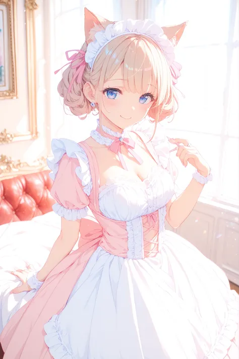 Kemo Mimi Maid Girl、Fluffy Cat Ears、happy smile、Ruffled Maid Outfit、Pink ribbon、Western-style interior、afternoon sunshine、Elegant posture、Delicate Lace、8K Photo