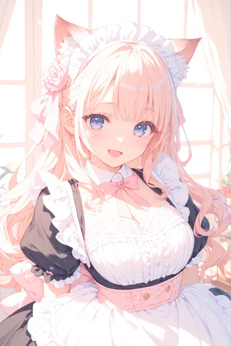 Kemo Mimi Maid Girl、Fluffy Cat Ears、happy smile、Ruffled Maid Outfit、Pink ribbon、Western-style interior、afternoon sunshine、Elegant posture、Delicate Lace、8K Photo