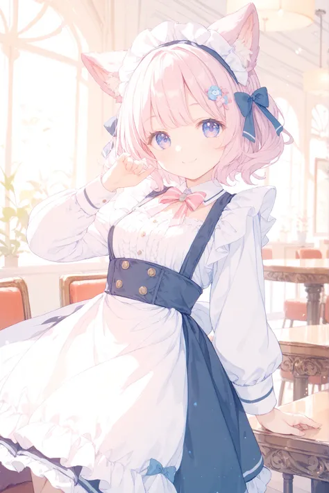 Cute Chemo Mimi Maid、Fluffy Animal Ears、has a gentle smile、maid clothes on the side、fluffy skirt、pastel color、cafe interior、warm atmosphere、soft light、High Quality Pictures