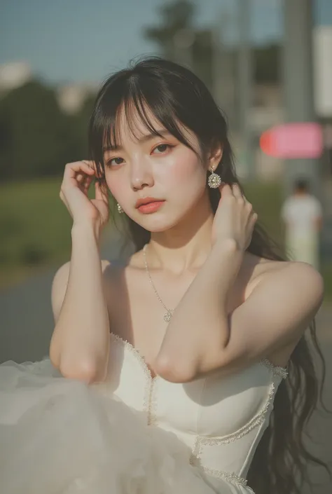 High-end fashion photo of a Japanese model wearing a specially designed black and white dress, (big boobs:1.5),tight waist shows proportions, The long skirt flutters, sexy pose, Realistic Sharp Face, Pastel Finished Backdrop, proportions by climbing the fo...