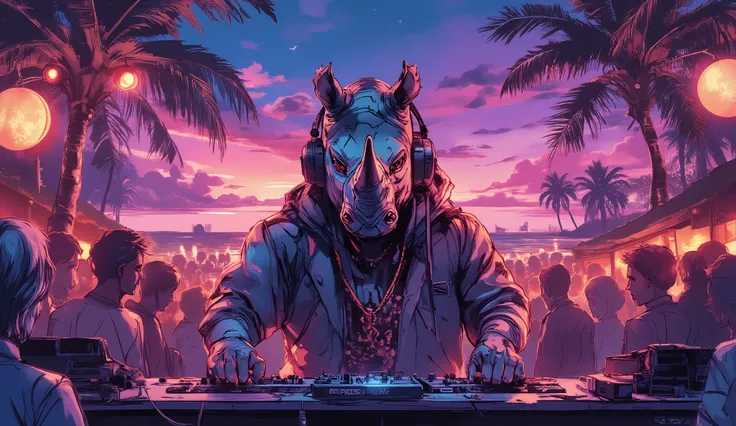 tropical resort party night、Wear HIPHOP clothes、A rhinoceros standing in the DJ booth with headphones on、dynamic composition in solution、high definition、beautiful in every detail、anime style、Super high quality、Highest Quality、8k resolution