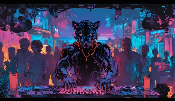 tropical resort party night、Wear HIPHOP clothes、Black leopard standing in the DJ booth with headphones on、dynamic composition in solution、high definition、beautiful in every detail、anime style、Super high quality、Highest Quality、8k resolution